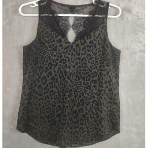 Women's Express Sleeveless Top Green & Black Leopard Print Lace Trim Sz X-Small